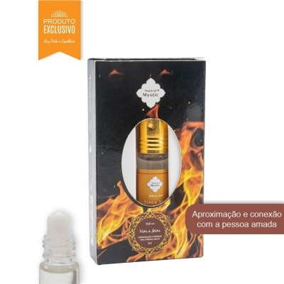 Frasco de roll-on Natural Mystic em caixa preta com chamas e texto promocional