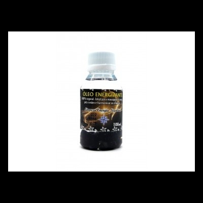 Frasco pequeno de óleo energizante com rótulo preto e tampa branca