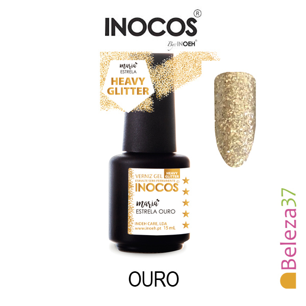 Verniz Gel Inocos -132 - Maria Estrela Ouro Frasco de verniz gel INOCOS Heavy Glitter cor ouro com amostra da cor