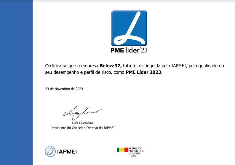 Certificado PME líder'23 da empresa Beleza37, Lda com assinatura e logótipos oficiais