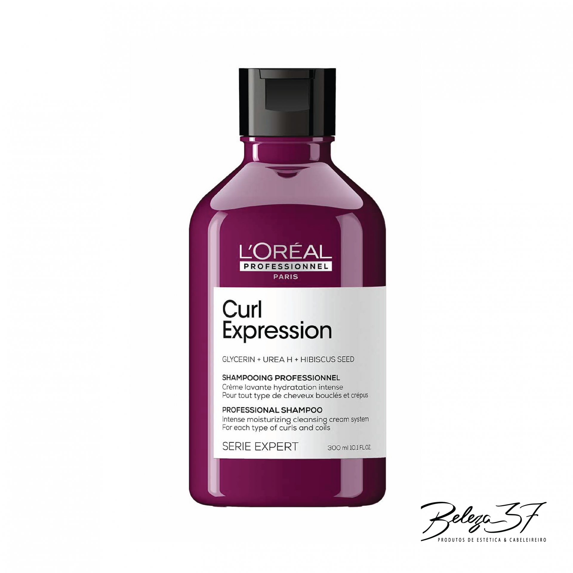 Shampoo em Creme Hidratação Intensa L'Oréal Curl Expression 300ml Frasco roxo de shampoo L'Oréal Curl Expression com rótulo branco e tampa preta