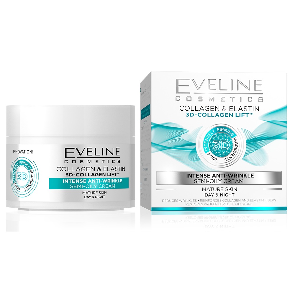Creme de Rosto Eveline 3D Collagen Lift Intense Anti Wrinkle 50ml Creme anti-rugas Eveline Cosmetics colagénio e elastina para pele madura