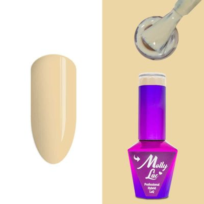 Verniz Gel Molly Lac – Yoga 083 – Purvottanasana Unha artificial bege nude e frasco roxo de verniz Molly Lac com pincel aplicador