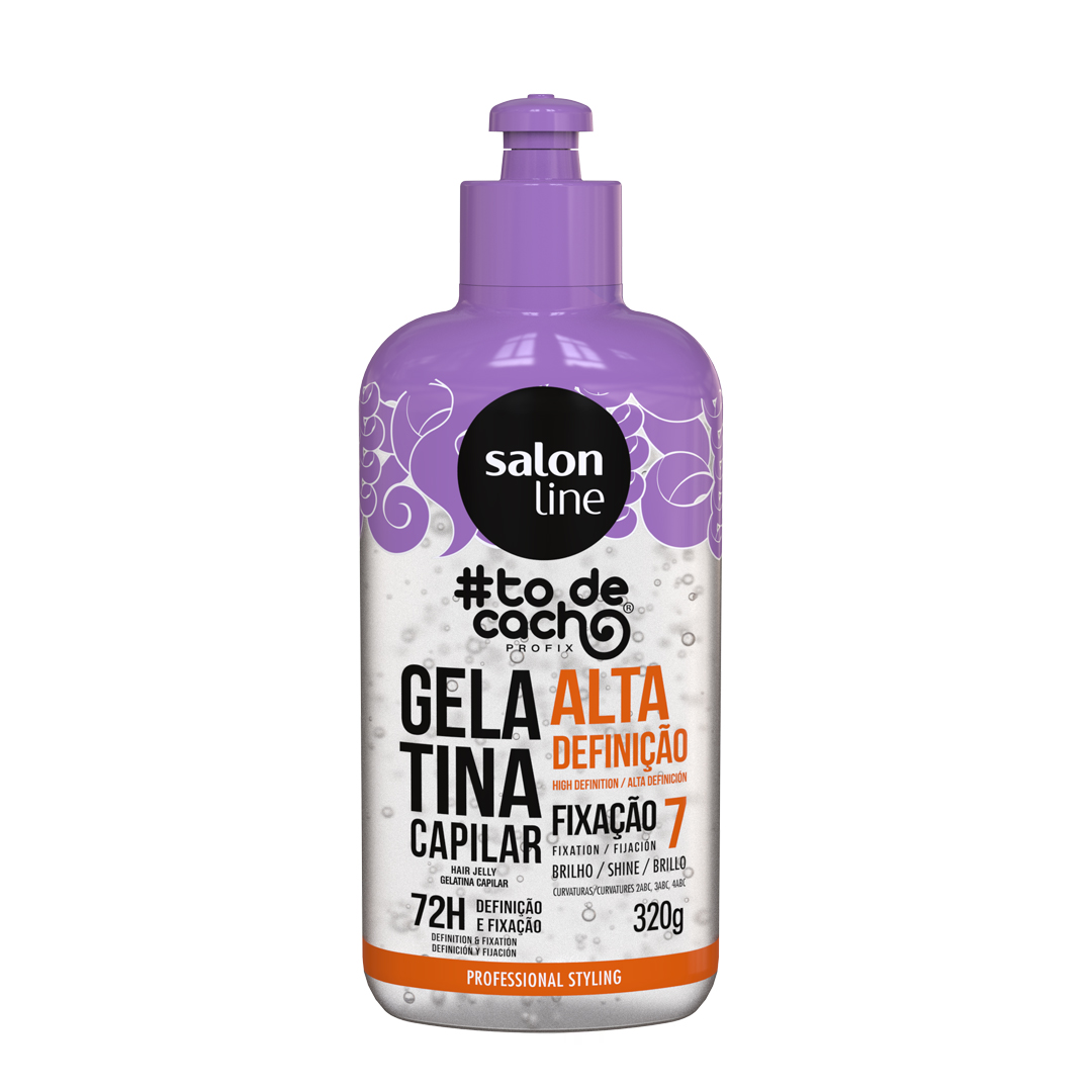 Salon Line #todecacho - Gelatina para Definição de Caracóis 320g Frasco de gelatina capilar com tampa roxa e texto colorido