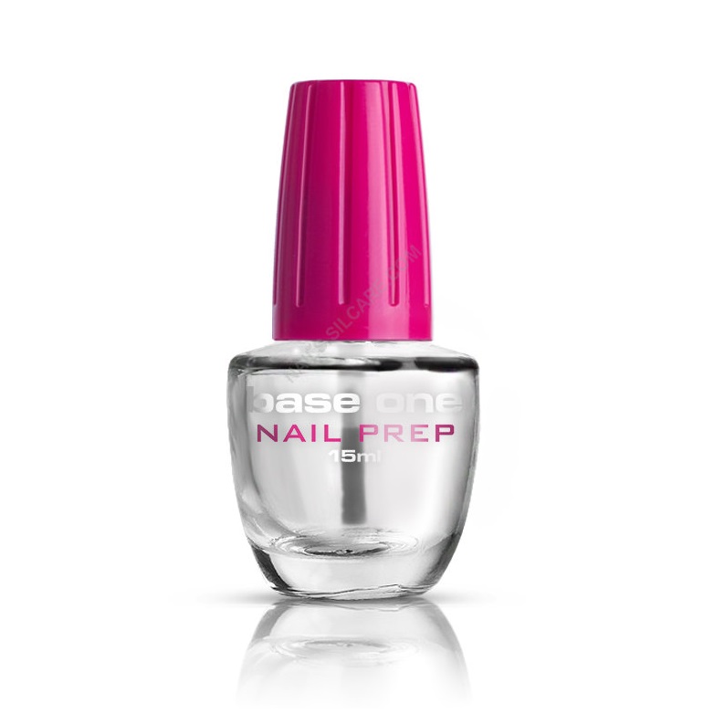 Nail Prep Silcare Base One 15ml Frasco transparente de verniz para unhas com tampa rosa e texto branco e rosa