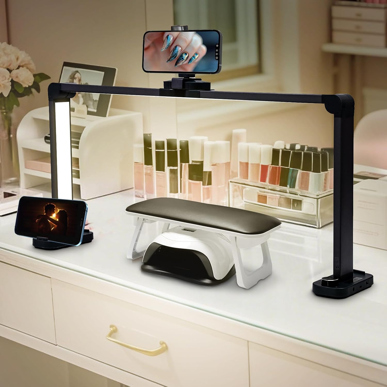Candeeiro PRETO em Meia Lua 40W para Unhas – LED, 3 Modos com Suporte de Telemóvel Lâmpada de mesa com suporte para telemóvel e almofada para manicure