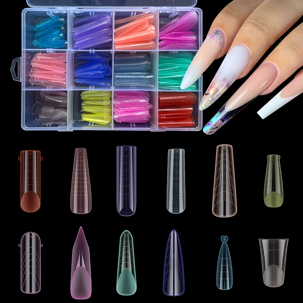 Moldes F1 Rainbow Multi Formatos - 288 peças reutilizáveis Caixa com unhas postiças coloridas e unhas decoradas exemplares.