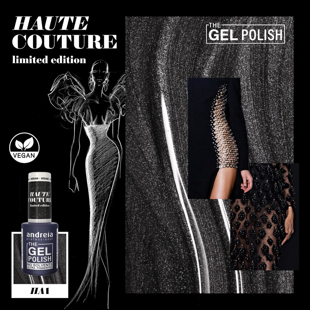 The Gel Polish Andreia HA1 - Preto com brilho prata Imagem promocional do verniz em edição limitada 'Haute Couture', com fundo preto e elementos de moda.