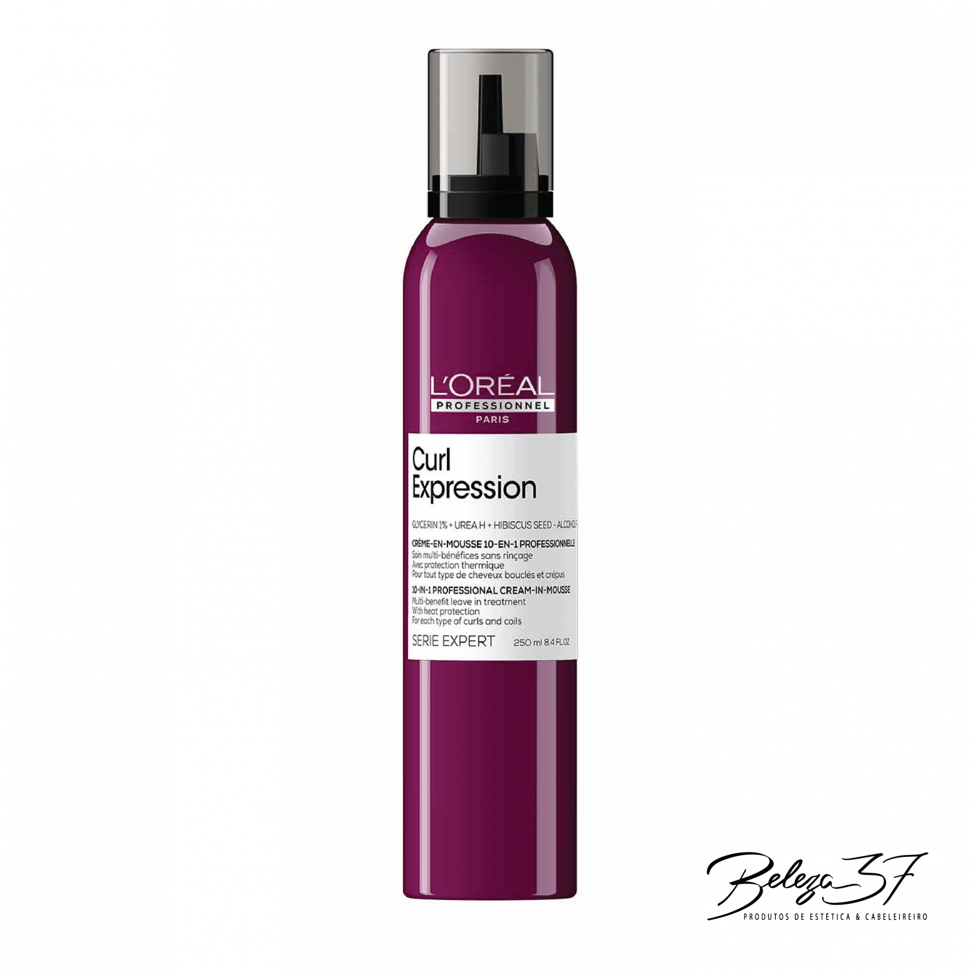 Mousse em Creme 10-em-1 L'Oréal Curl Expression 250ml Frasco de espuma para cabelo L'Oréal Curl Expression cor vinho e branco