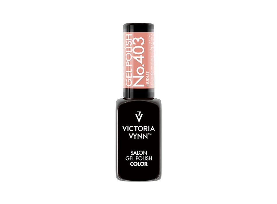 Victoria Vynn 403 - Nudist (Bege Nude) Frasco de verniz gel preto Victoria Vynn com tampa rosa claro e texto branco