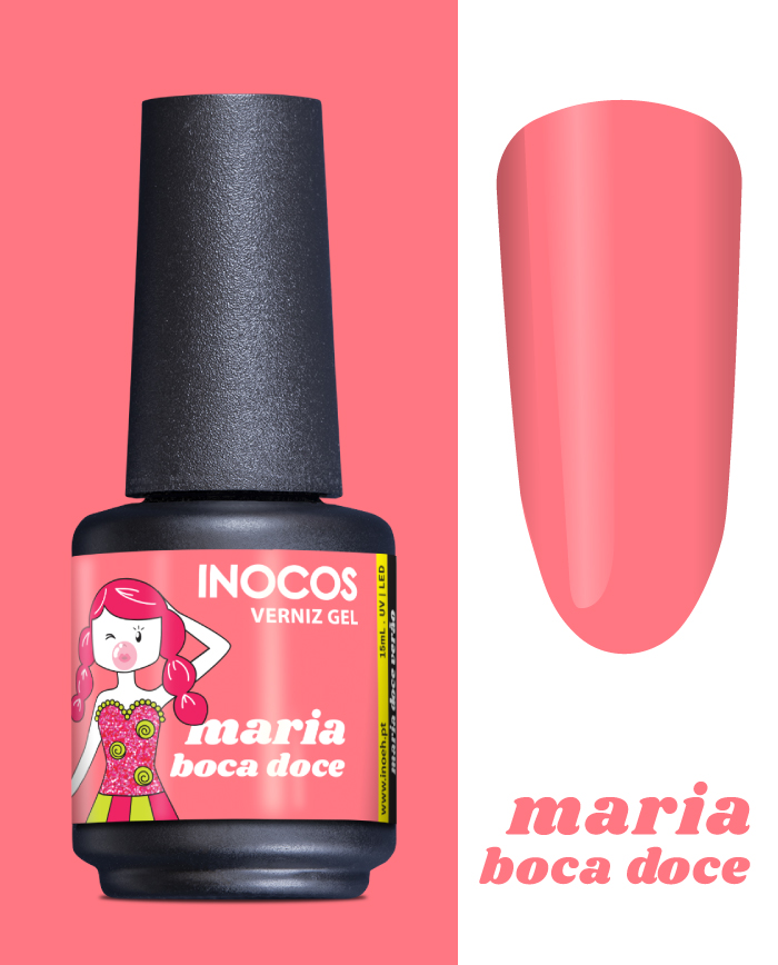 Verniz Gel Inocos – 282 - Boca Doce Frasco de verniz gel INOCOS cor-de-rosa com desenho de rapariga e texto 'maria boca doce'