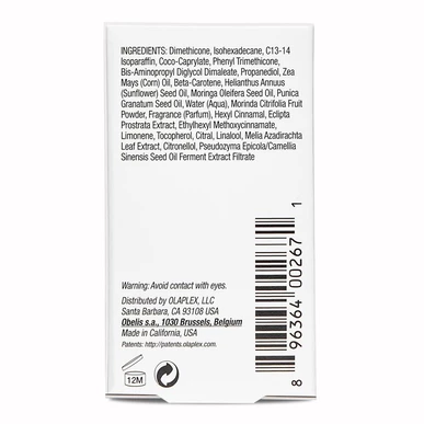 Olaplex Nº7 – Óleo Reparador, Fortalecedor e Protetor 30ml Embalagem branca de cosmético com ingredientes, código de barras e instruções