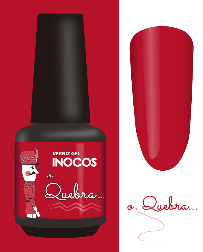 Verniz Gel Inocos – 266 - Bailados da Maria - O Quebra (Vermelho Rei) frasco de verniz gel INOCOS vermelho com tampa preta e amostra de cor vermelha