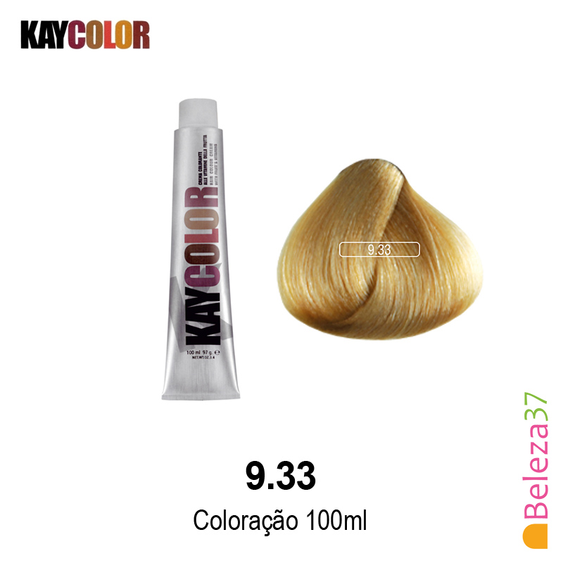 KayColor Coloração 100ml - Cor 9.33 Tubo de coloração Kaycolor e amostra de cor loiro dourado 9.33