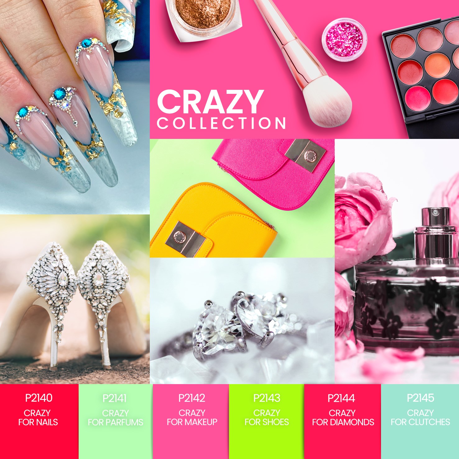 Coleção Verniz Gel PURPLE – Crazy Collection 6 cores (P2140 ao P2145) Colagem de produtos cosméticos, acessórios e moda com texto colorido