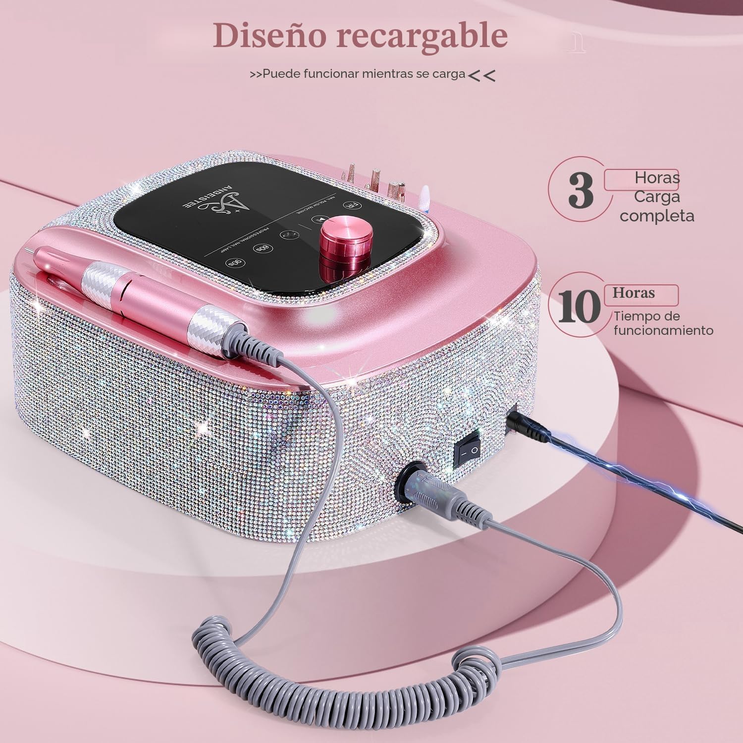 Torno + Catalisador 2 em 1 ANBEISTEE – Profissional e Recarregável com 45.000 RPM Aparelho elétrico recarregável rosa com decoração brilhante e controlo superior preto