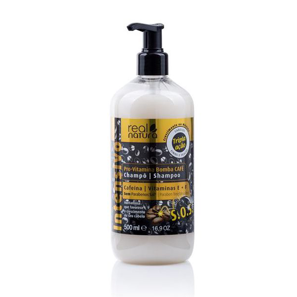 Champô Sem Sal Real Natura – Bomba Café 500ml Frasco de champô Real Natura Pro-Vitamina Bomba Cafe com pump preto