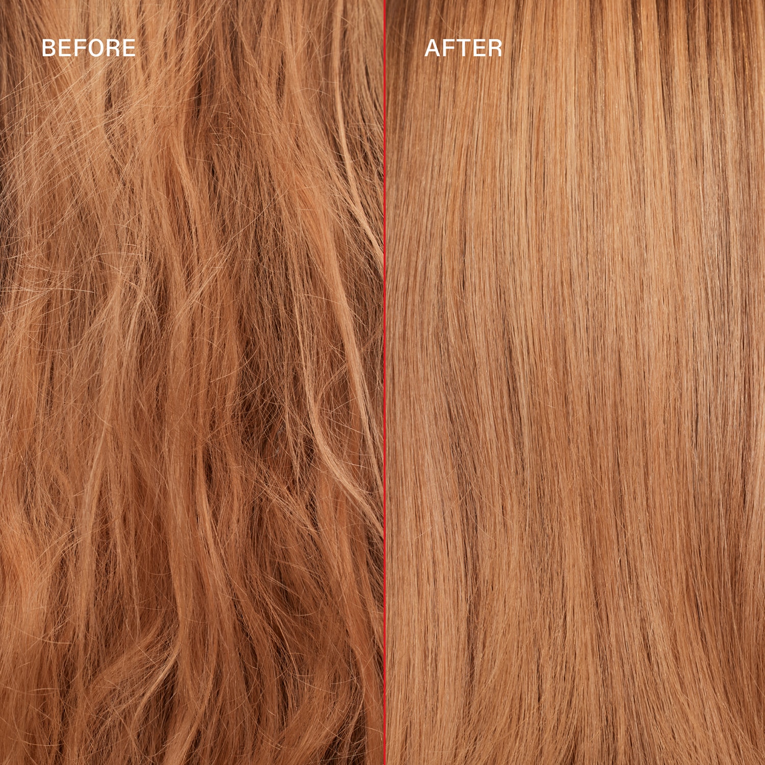 Olaplex Nº7 – Óleo Reparador, Fortalecedor e Protetor 30ml Comparação de cabelo ruivo antes e depois do tratamento, com cabelo bagunçado à esquerda e liso à direita