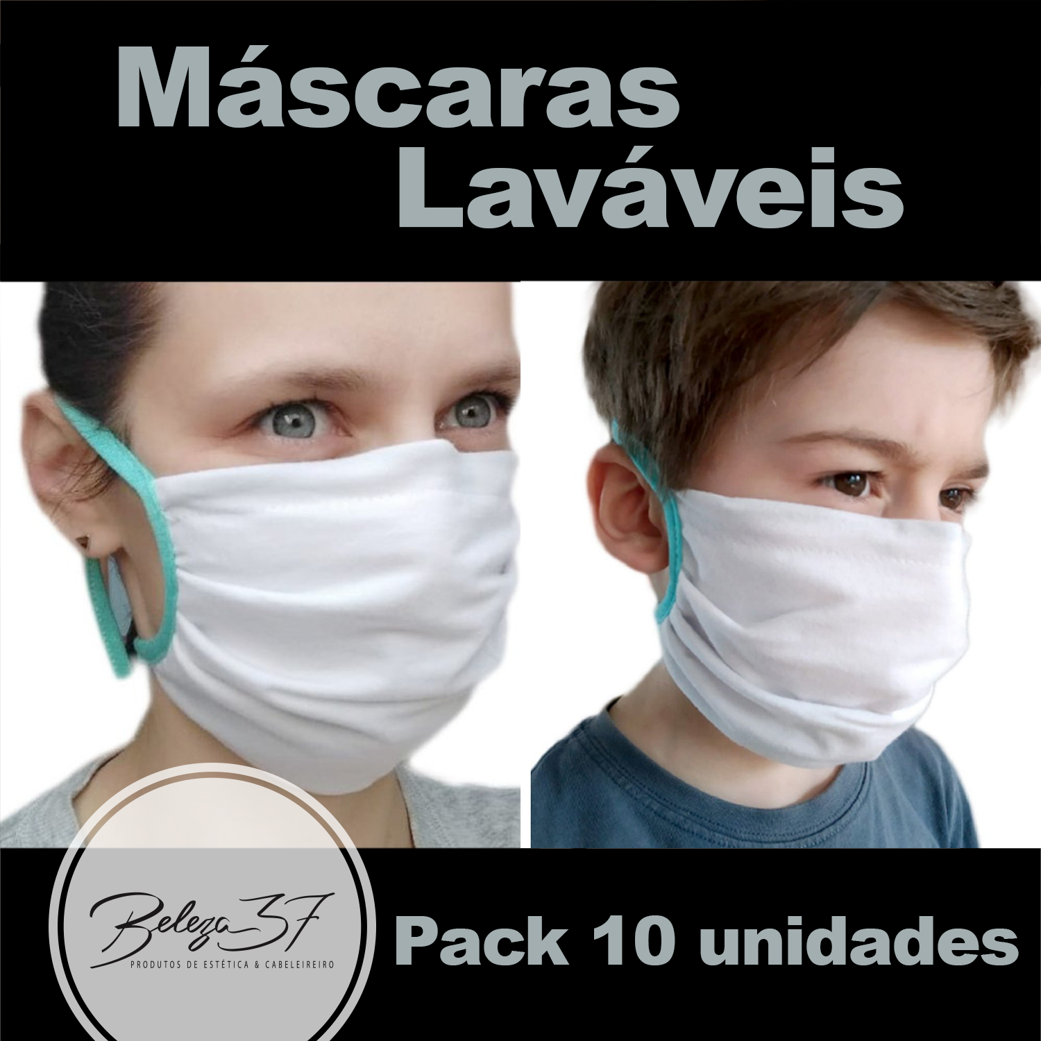 Máscaras de Proteção em Tecido Lavável - 10 peças Adulto e criança com máscaras brancas elásticas azuis, texto 'Máscaras Laváveis' e 'Pack 10 unidades'
