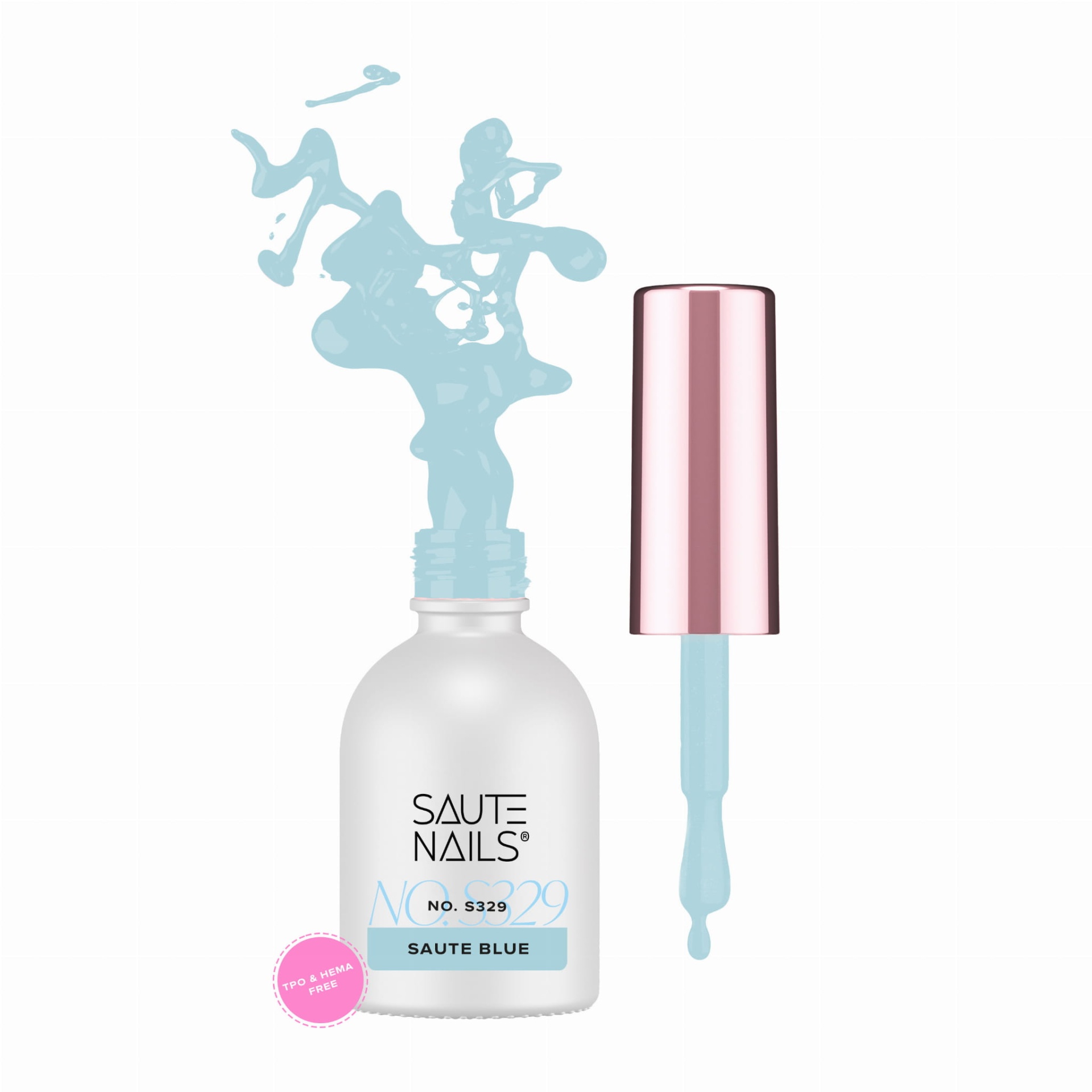 Verniz Gel Saute Nails S329 - Saute Blue (Azul Suave) Verniz de unhas azul Saute Nails com frasco branco fosco e tampa rose gold