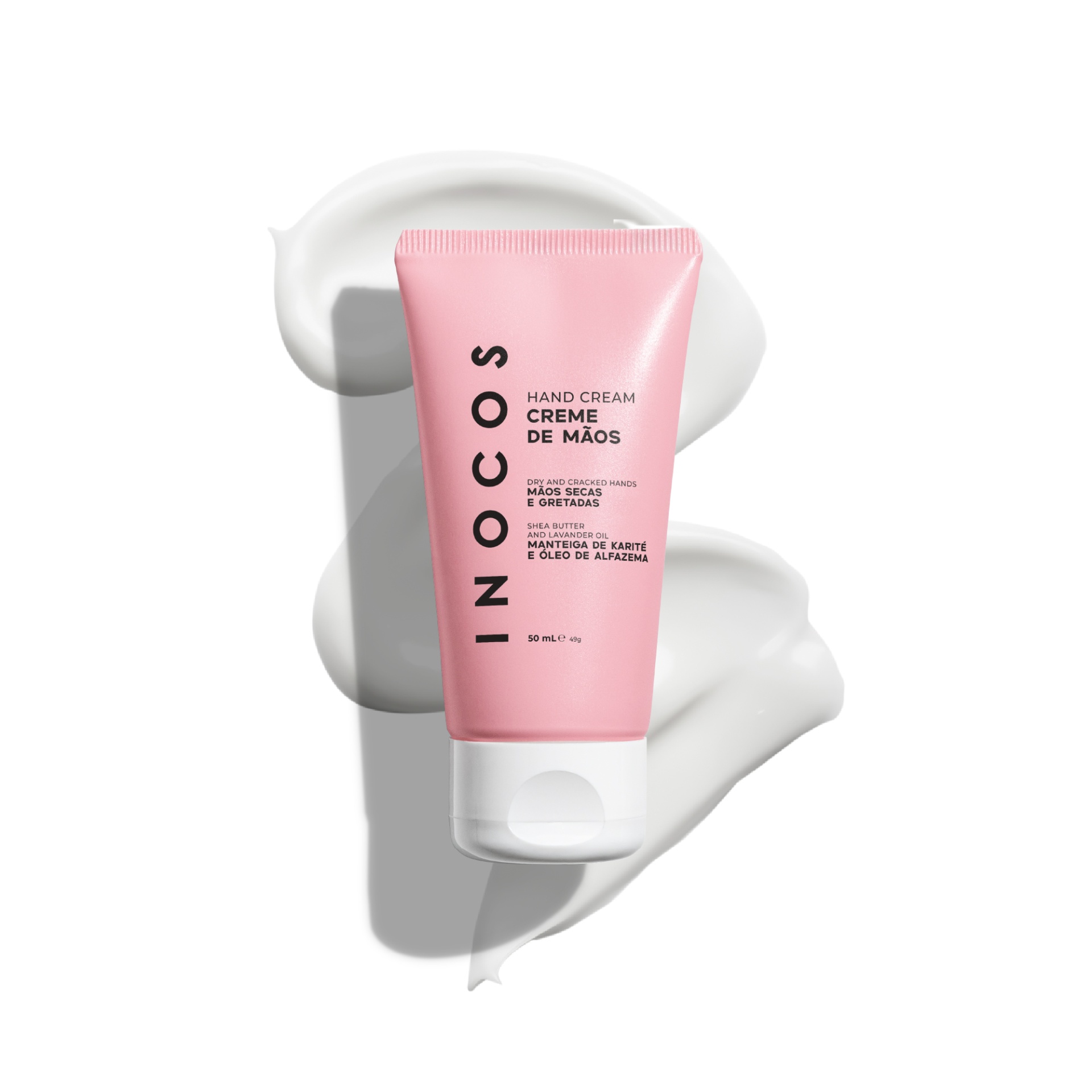 Creme de Mãos Inocos - Mãos Secas e Gretadas 50ml Frasco rosa de creme de mãos com tampa branca e texto preto