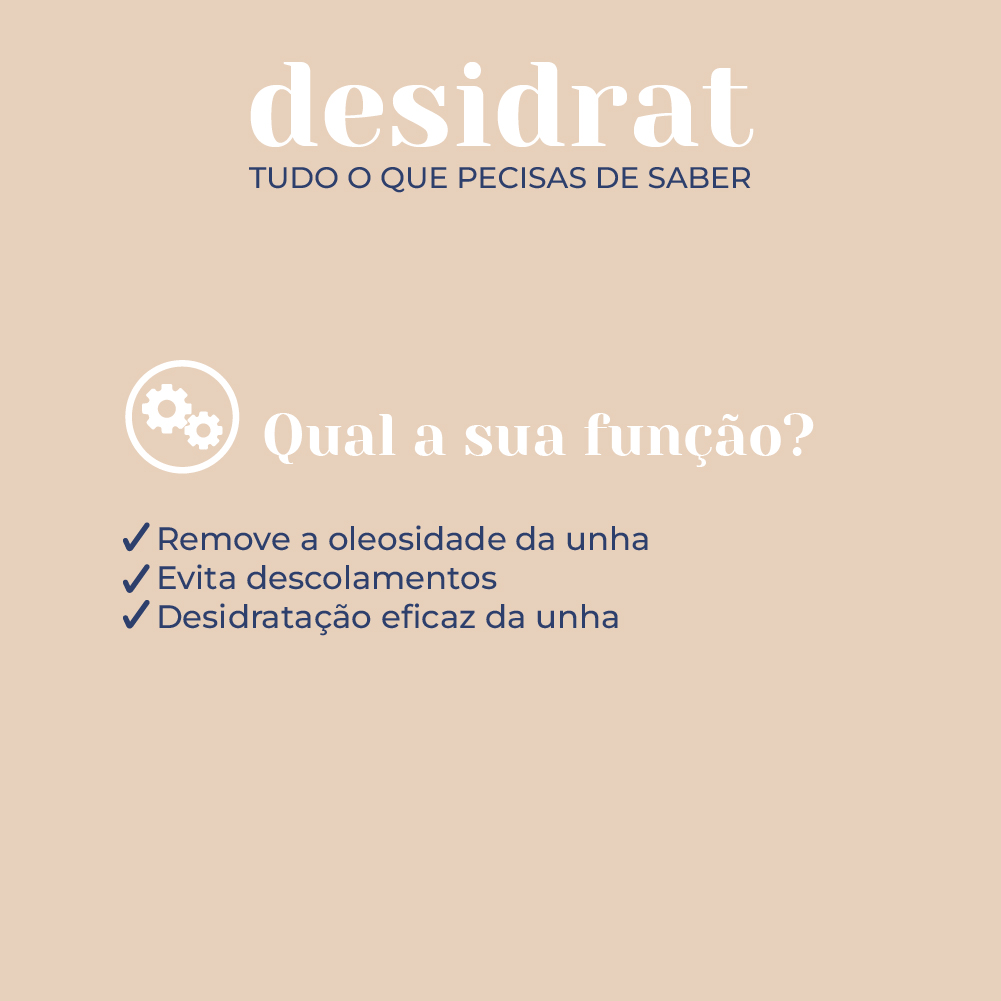 Vitamin Desidrat INOCOS - Desidratante Suave de Unha Texto sobre desidratação e suas funções para unhas em fundo bege.