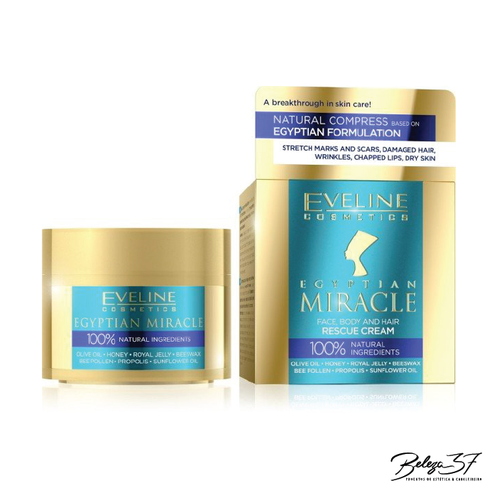 Creme Eveline Egyptian Miracle - Face, Body and Hair Cream-Rescue 40ml Creme Eveline Cosmetics Egyptian Miracle em embalagem dourada com etiqueta azul
