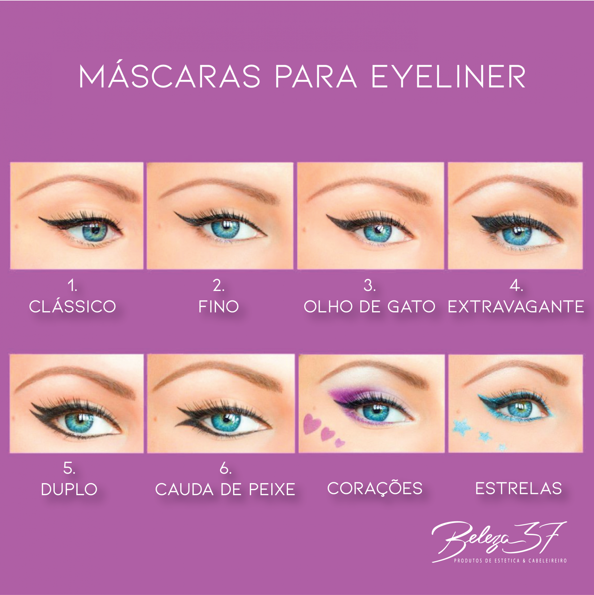 MÁSCARAS PARA EYELINER - 2. Eyeliner Fino - 6 pares Oito olhos femininos com diversos estilos de eyeliner preto e nomes dos estilos
