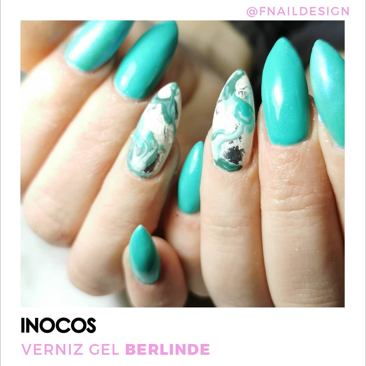 Verniz Gel Inocos 9 — Berlinde (Verde Menta) Unhas com verniz gel azul turquesa e decoração marmorizada