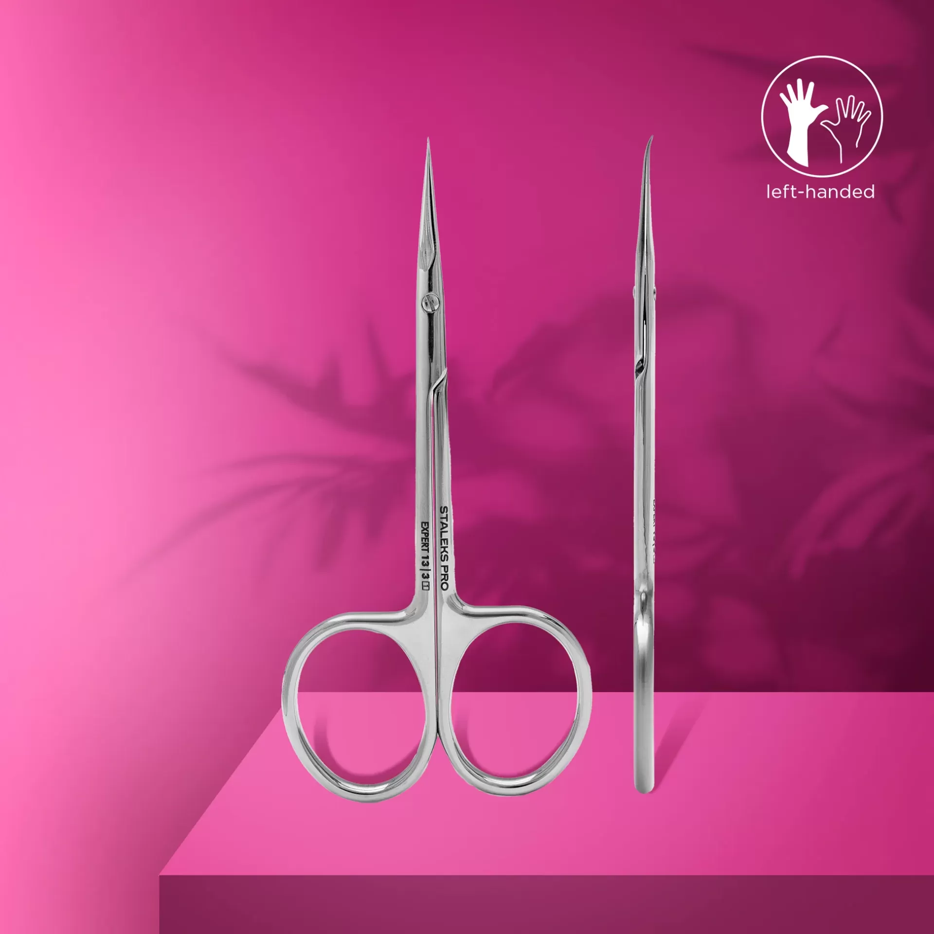 Tesoura Profissional de Precisão para Cutículas Canhotos Tesoura metálica pequena para canhotos com fundo rosa
