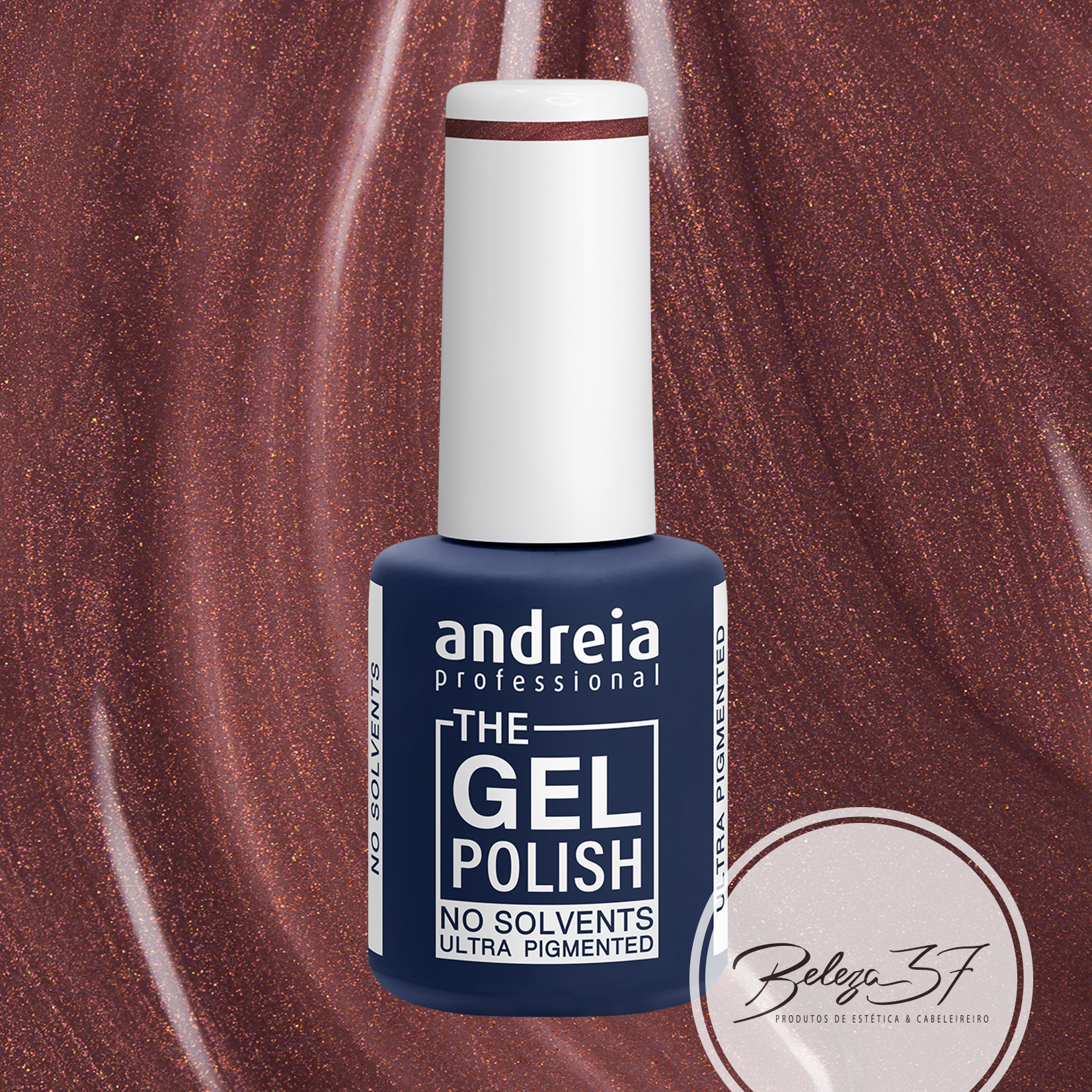 The Gel Polish Andreia G34 frasco de verniz gel azul escuro Andreia Professional com tampa branca sobre fundo castanho brilhante