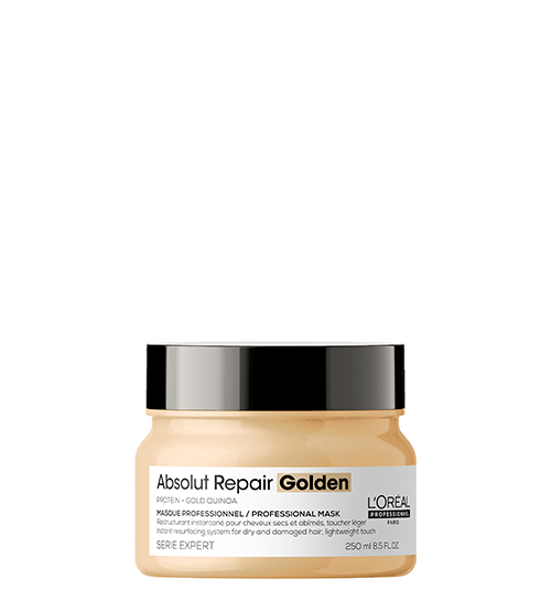 Máscara L'Oréal Absolut Repair Golden Mask 250ml - Golden Frasco de máscara capilar Absolut Repair Golden L'Oréal de 250 ml com tampa preta