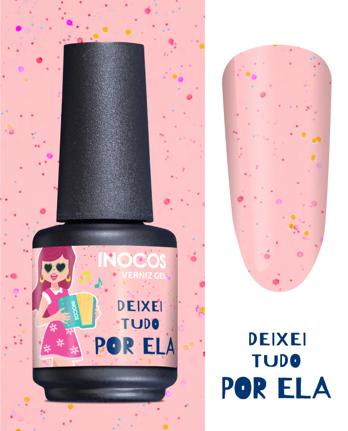 Verniz Gel Inocos – 289 - Deixei tudo por Ela (Rosinha Festa Colorida) 15ml Verniz gel rosa com partículas coloridas da marca Inocos e texto 'Deixei tudo por ela'