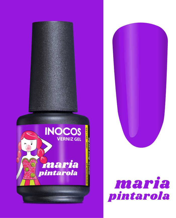 Verniz Gel Inocos – 283 - Pintarola Frasco de verniz gel INOCOS roxo com etiqueta e amostra da cor