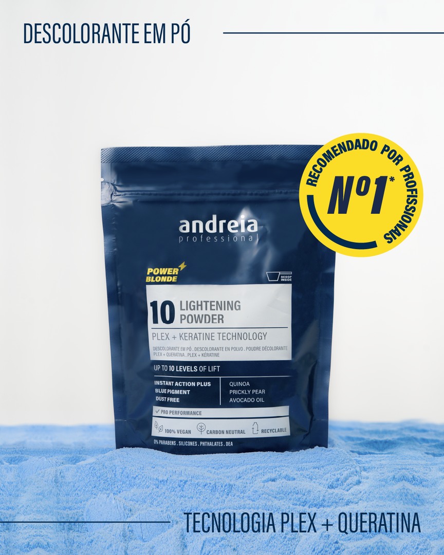Descolorante em Pó Andreia Lightening Power Blond 10 - 500g Pacote azul escuro de descolorante em pó Andreia Professional Lightening Powder nº10 com selo de recomendação Nº1