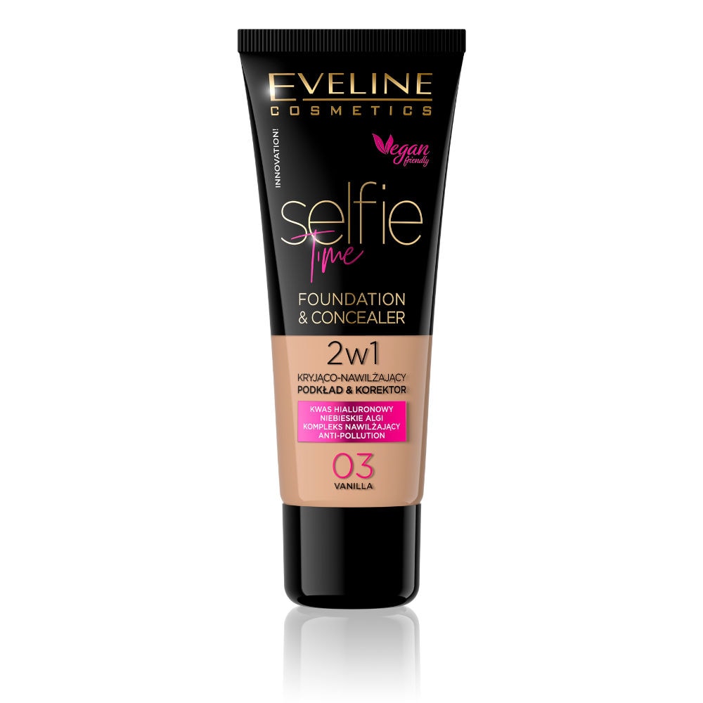 Base e Corretor Eveline – Selfie Time Foundation and Concealer Nº 03 - Vanilla Tubo preto de base e corretor Eveline Cosmetics Selfie Time 2 em 1 cor Vanilla