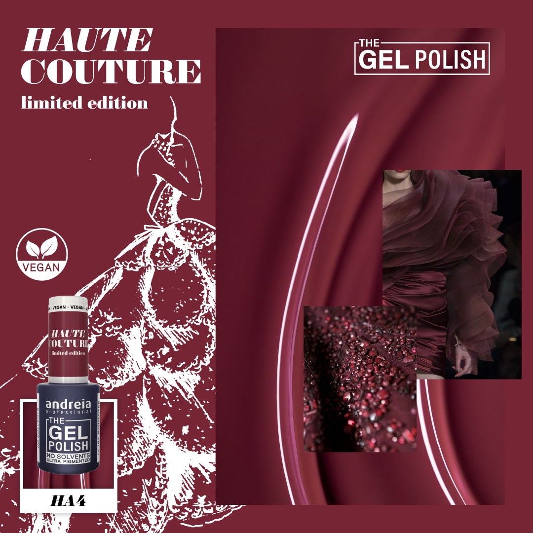 The Gel Polish Andreia HA4 - Burgundy cereja Verniz gel para unhas HAUTE COUTURE limited edition, cor HA 4, selo VEGAN, fundo vinho com ilustração e texturas