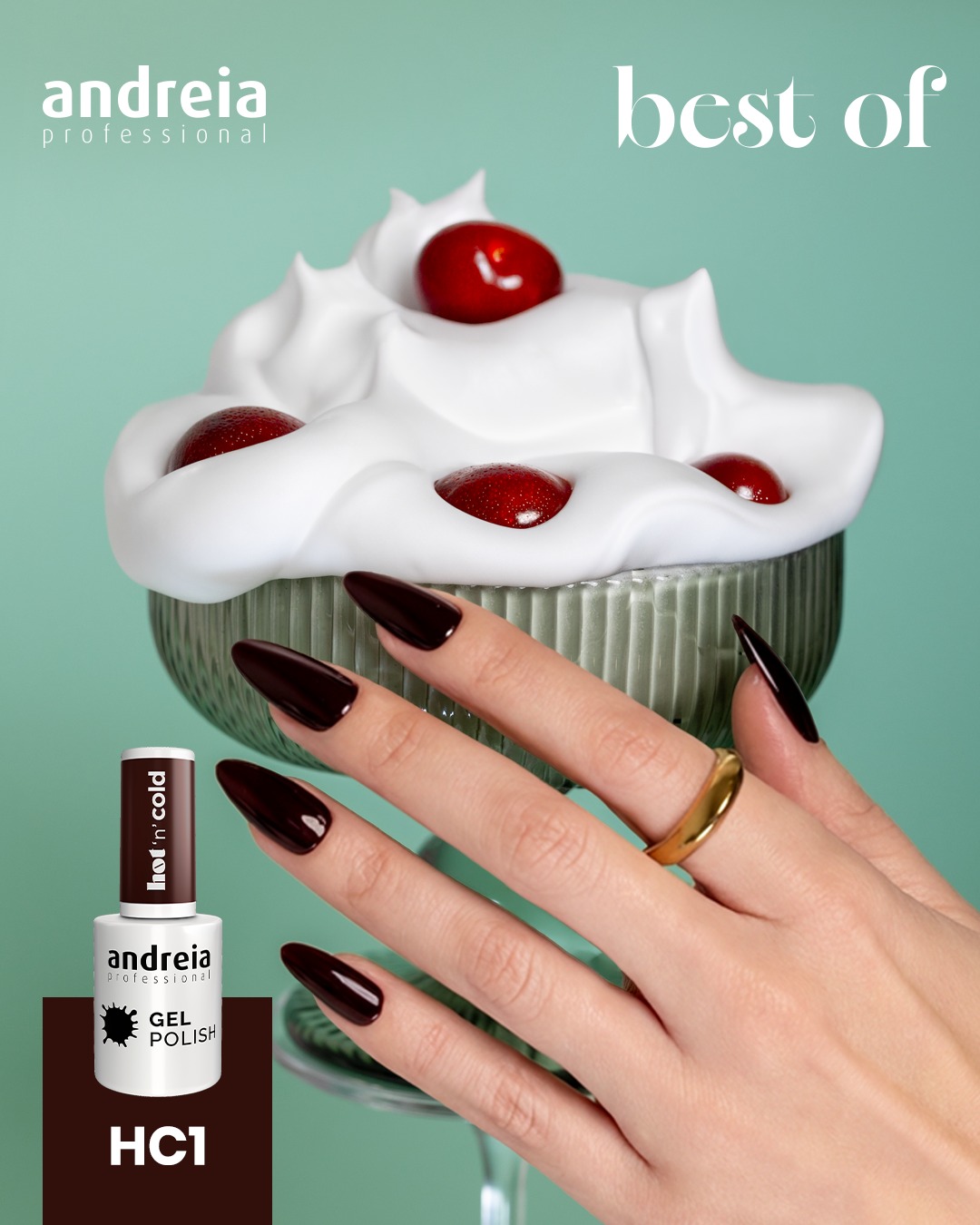 Verniz Gel Andreia HC1 – Bordeaux Escuro Mão com unhas castanhas escuras e copo com cobertura branca e frutos vermelhos