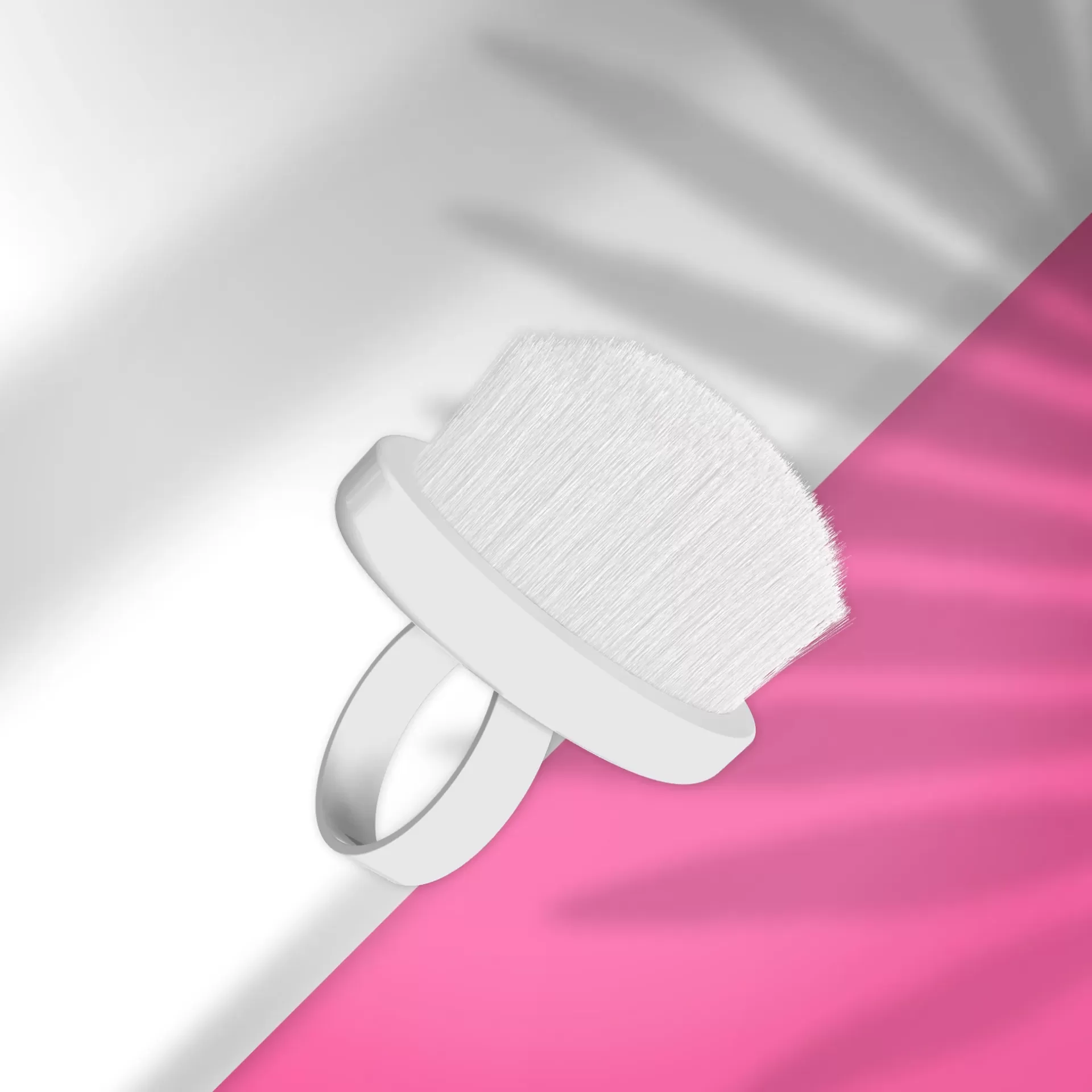 Staleks Expert 03 Mini Escova de Manicure em Anel para Remoção de Pó Escova facial branca com cerdas e cabo branco sobre fundo branco e rosa