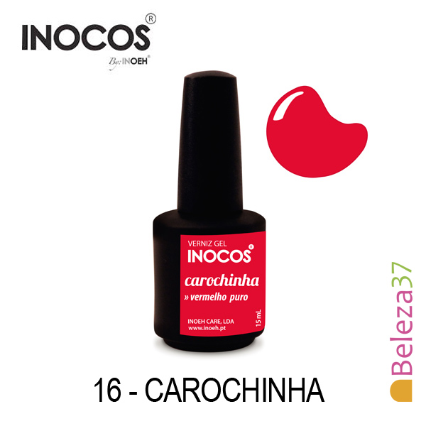 Verniz Gel Inocos 16 — Carochinha (Vermelho) Frasco preto de verniz gel INOCOS Carochinha vermelho puro, 15 ml