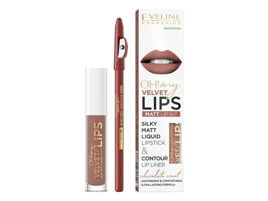 Eveline Oh My Lips Liquid Matt Lipstick&Lip Liner nº 12 Kit de lápis de contorno e batom líquido mate castanho Eveline Cosmetics