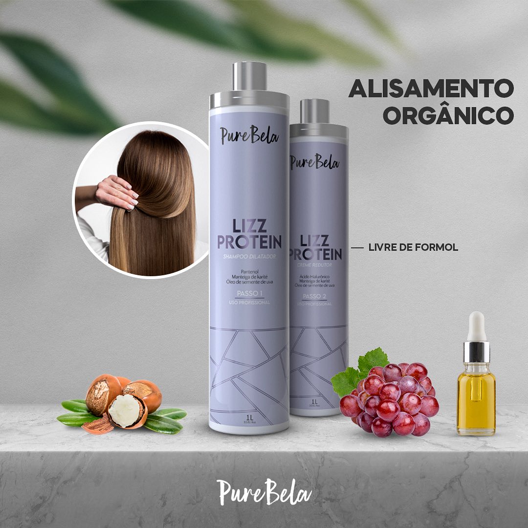 Creme Redutor Lizz Protein Pure Bela 1 Litro - Alisamento Orgânico Passo 2 Produtos Pure Bela Lizz Protein para alisamento orgânico com ingredientes naturais e frasco de óleo