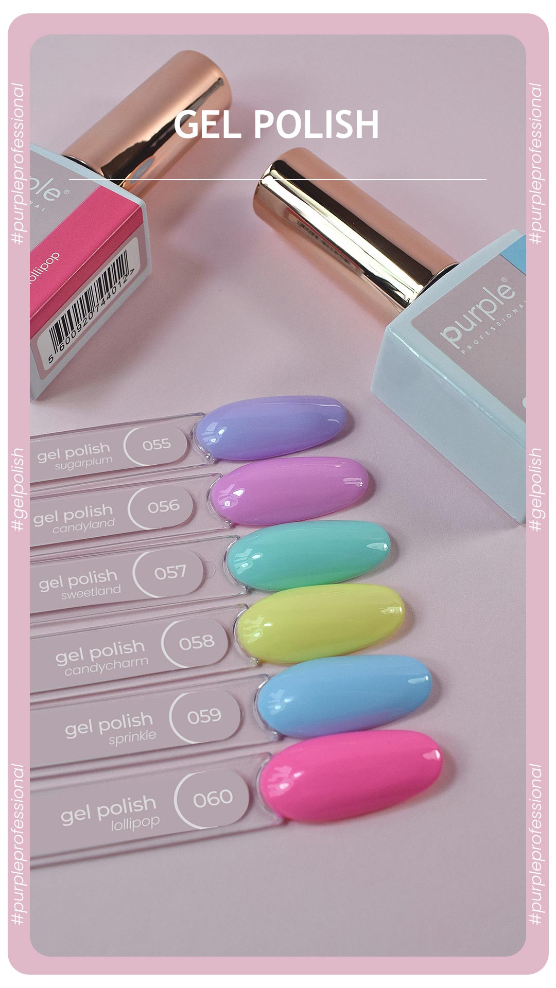 KIT Coleção Purple NRº15 (055 ao 060) - Inclui 3 Ofertas Amostras de verniz gel coloridas e frascos da marca Purple Professional