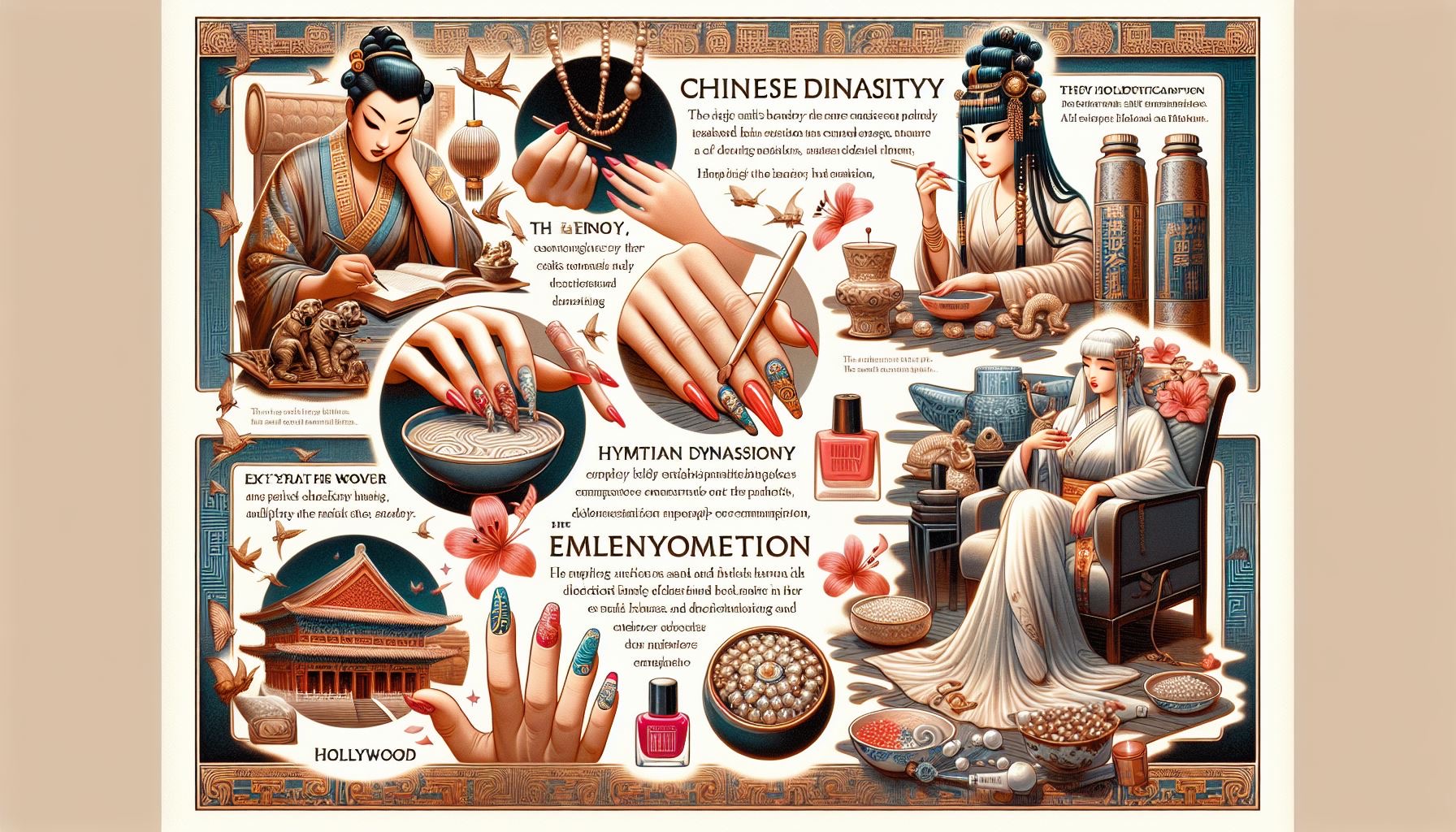 Ilustração de figuras femininas, objetos tradicionais, e texto explicativo sobre dinastias e embelezamento.