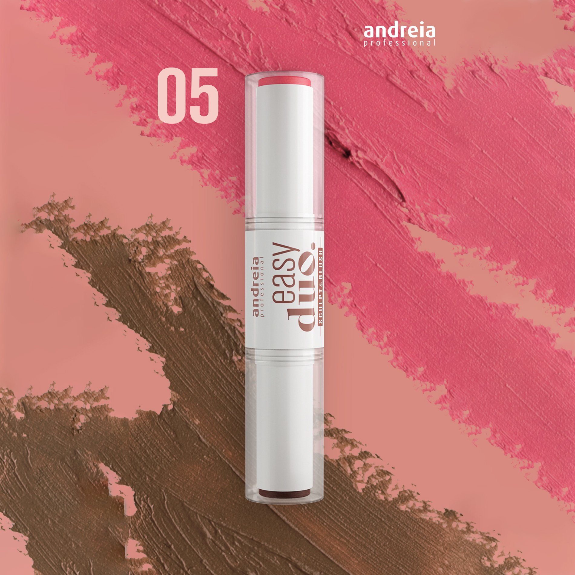 Andreia Easy duo Sculpt & Blush 05 Batom easy duo da Andreia Professional sobre fundo rosa e castanho.