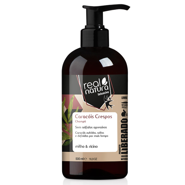 Champô Sem Sal Real Natura – Caracóis Crespos Liberado 500ml Frasco de champô Real Natura para Caracóis Crespos com doseador preto