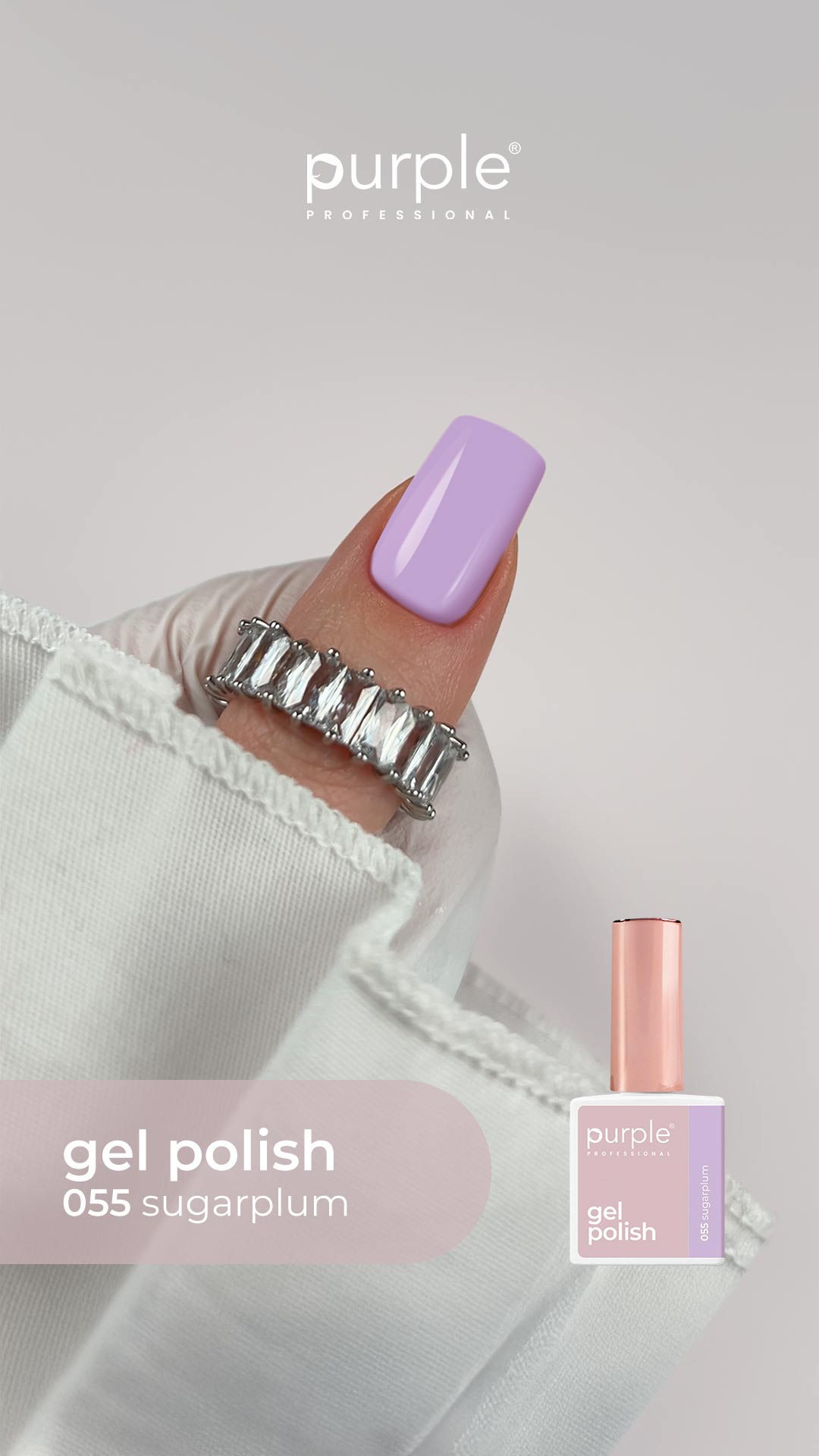 KIT Coleção Purple NRº15 (055 ao 060) - Inclui 3 Ofertas Unha pintada de lilás pastel com verniz gel polish 055 sugarplum e frasco da marca purple professional