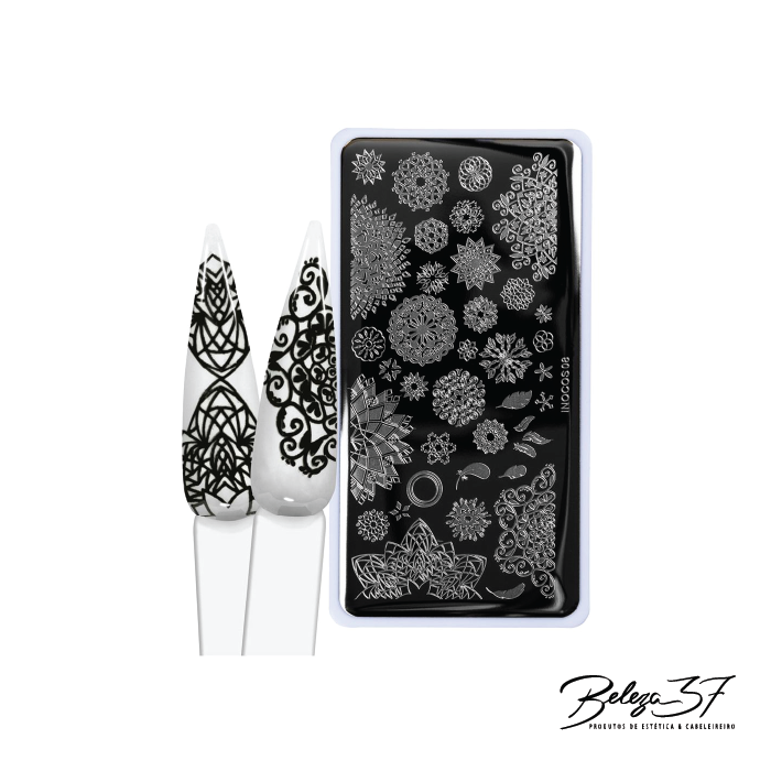 Placas Carimbo Inocos - 08 - Mandala Placa de carimbo para unhas com desenhos florais e unhas artificiais com estampas pretas