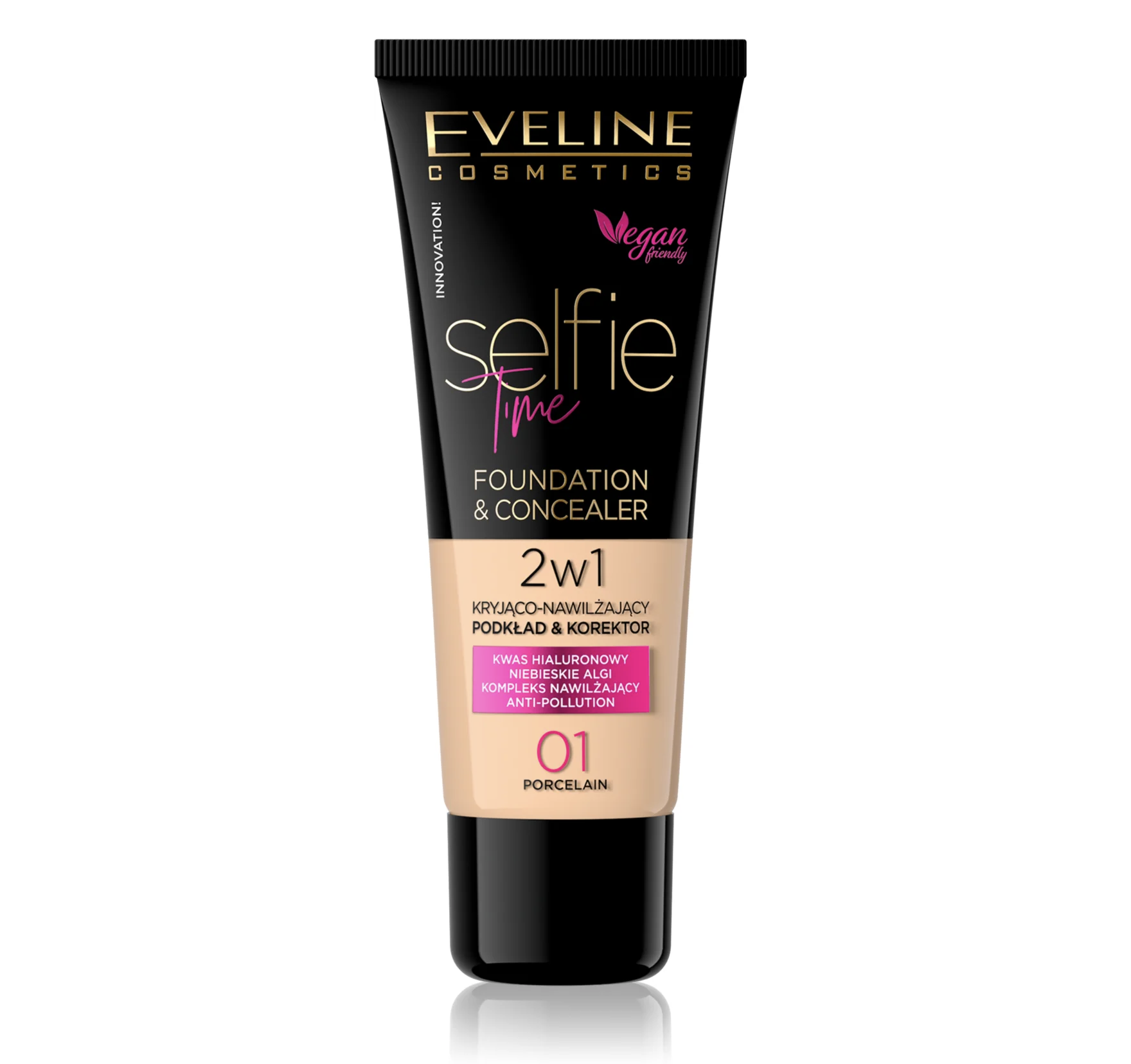 Base e Corretor Eveline – Selfie Time Foundation and Concealer Nº 01 - Porcelain Frasco preto e bege de base e corretor Eveline Cosmetics Selfie Time 2 em 1