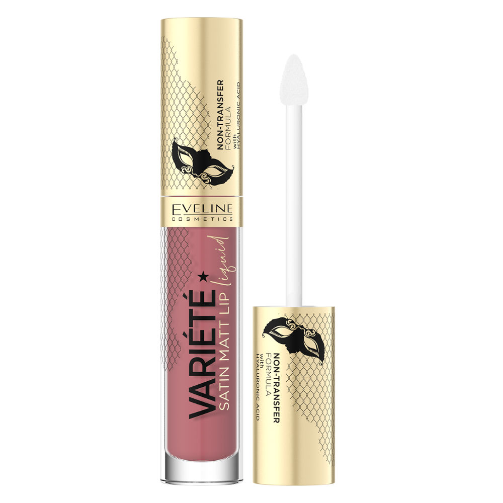 Batom Líquido Matte Eveline – Variété Satin Matt Lip Liquid Lipstick - 05 Peach Mousse Batom líquido matte rosa com tampa dourada e texto da marca